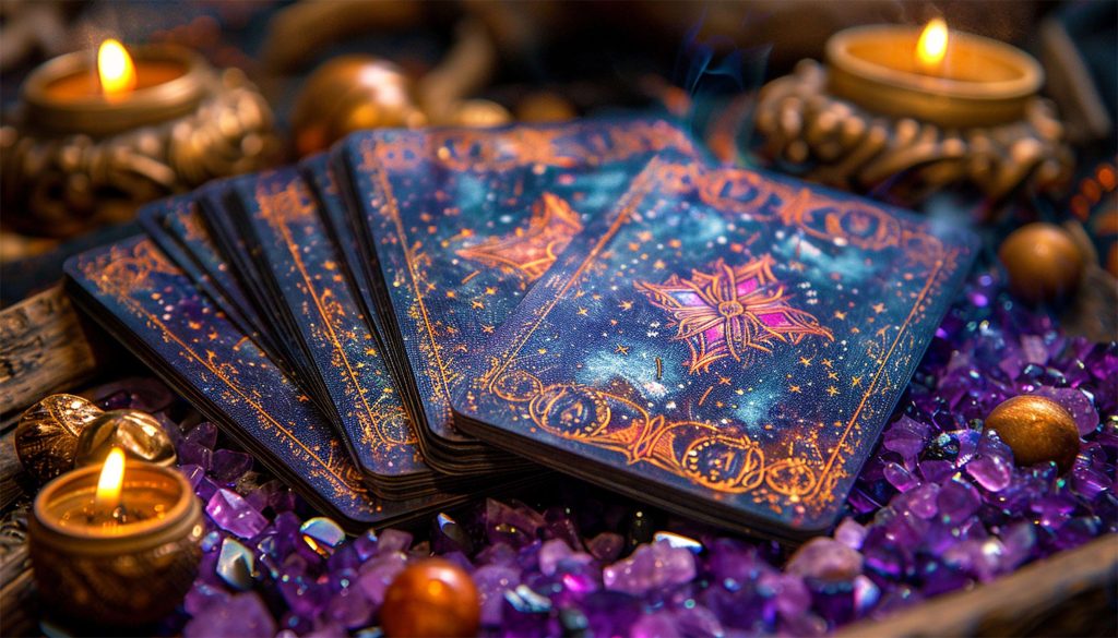 Tarot cards with candle light purple colors. fortuneteller reads fortunes by tarot cards and candles on the background.