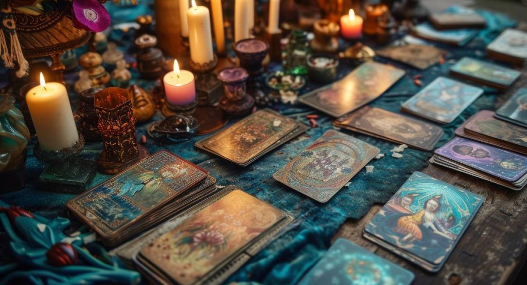A table set up for tarot card readings