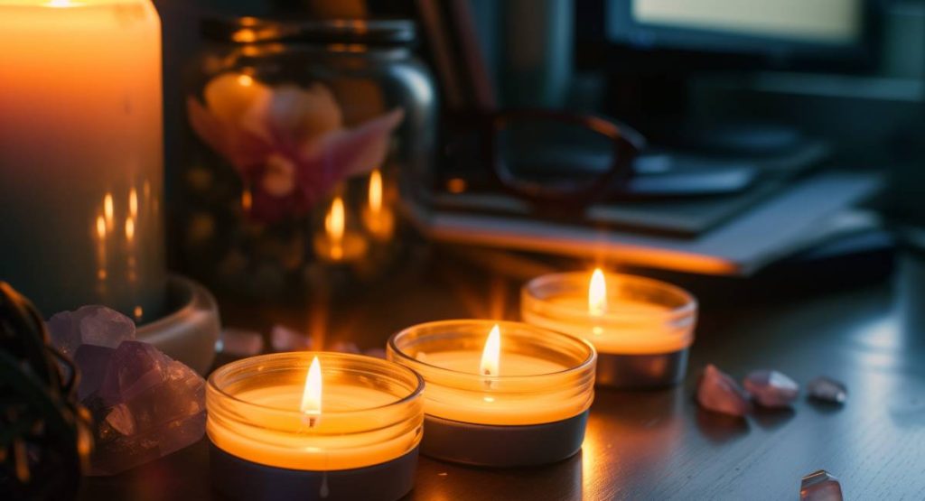 psychic dressing candles for a ritual on the desk
